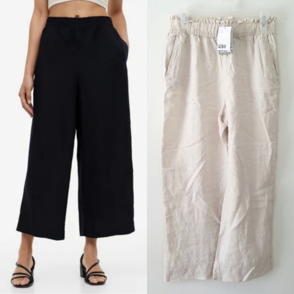 NWT H&M 100% Linen Pull On Pants Wide Leg Ankle Length Natural Color
